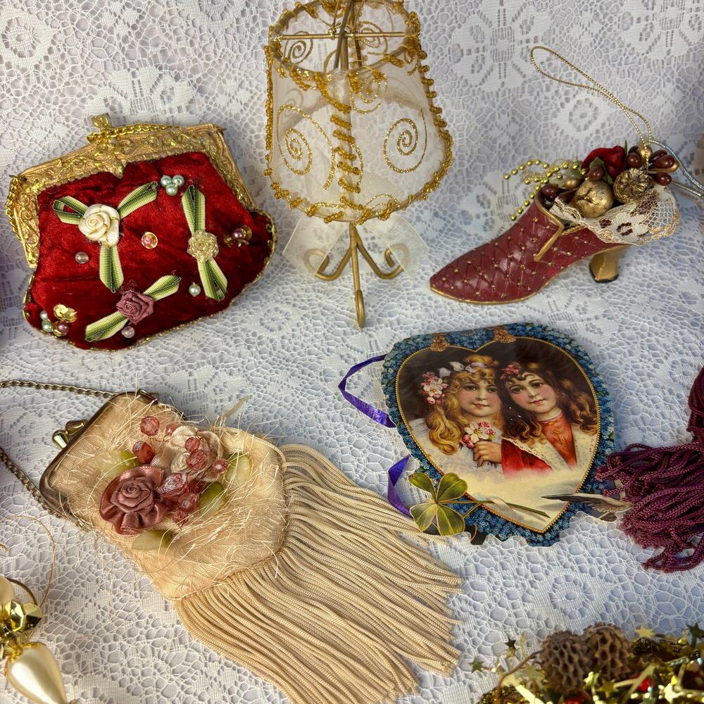 Vintage Victorian Christmas Ornament Lot Burgundy Gold Glass Velvet Old World
